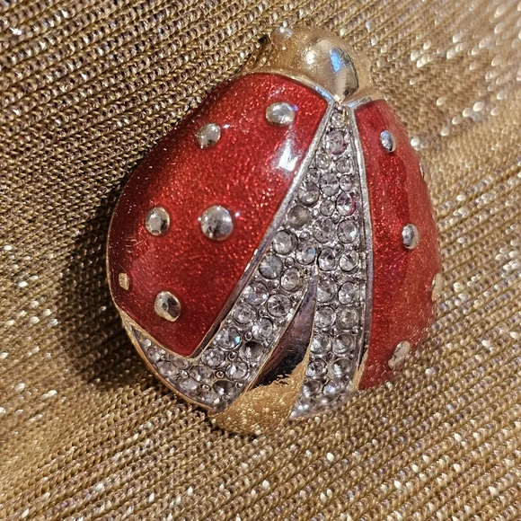 Vintage Givenchy Ladybug Brooch Red Enamel Crystal Rhinestones Gold Tone - FLAW - Picture 3 of 13